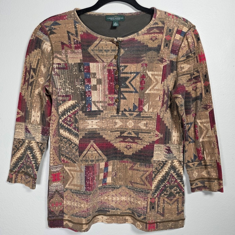 Ralph Lauren Jeans Co Womens Medium Brown Henley Shirt Western Aztec Cowgirl Top